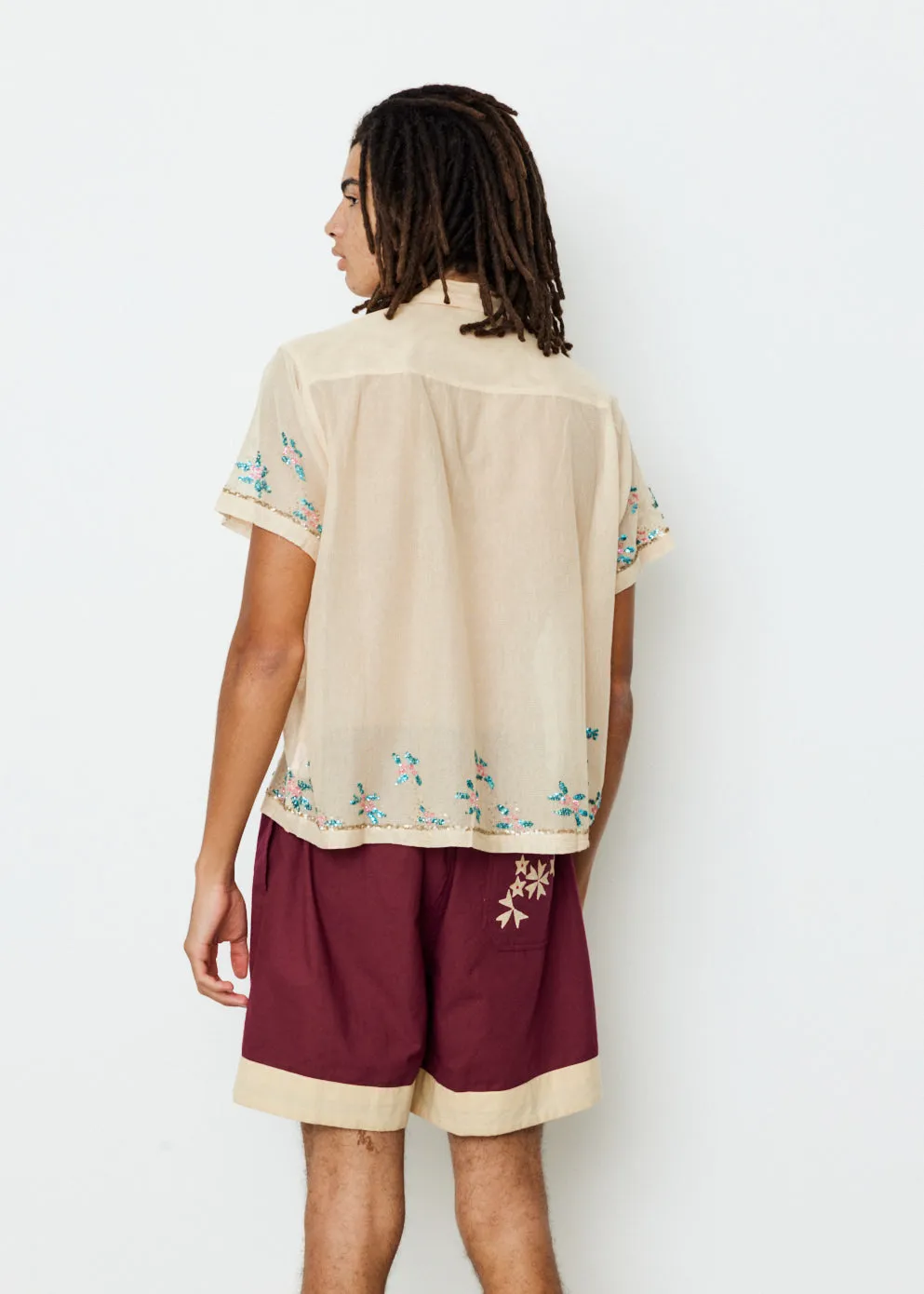 Sequinned Floral Net Short Sleeve Shirt