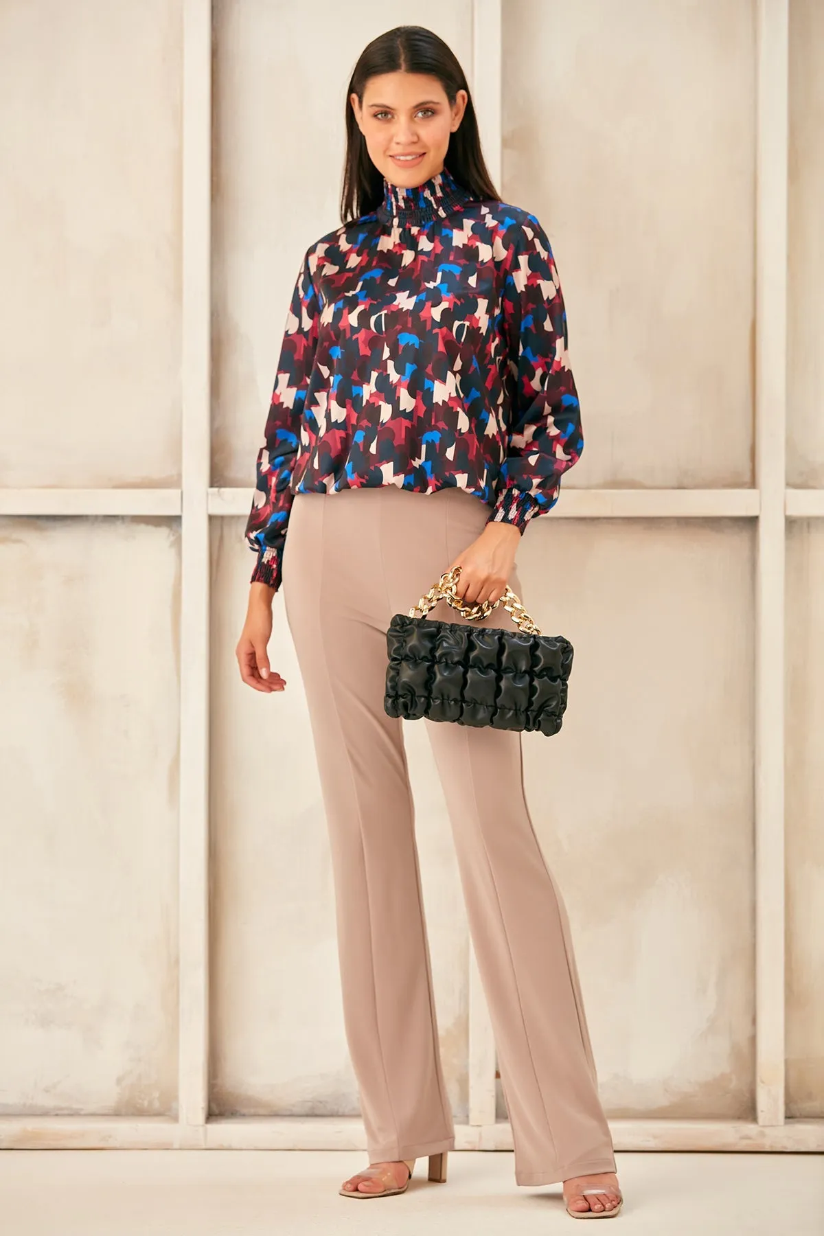 Sleek High Neck Silky Top in Bluish Geo Print