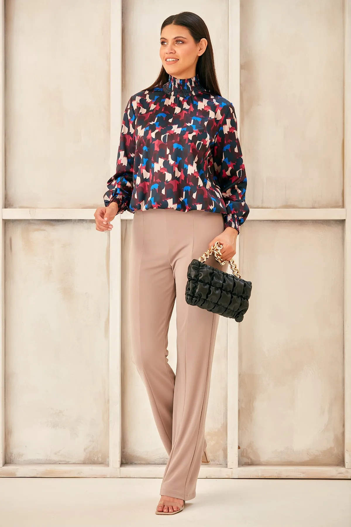 Sleek High Neck Silky Top in Bluish Geo Print