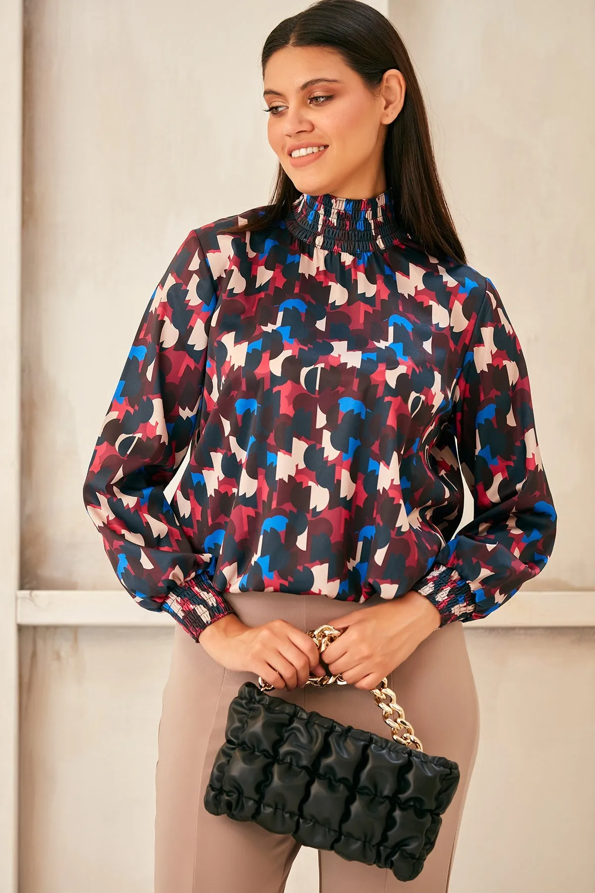 Sleek High Neck Silky Top in Bluish Geo Print