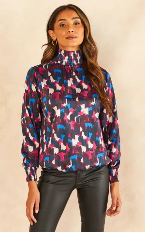 Sleek High Neck Silky Top in Bluish Geo Print
