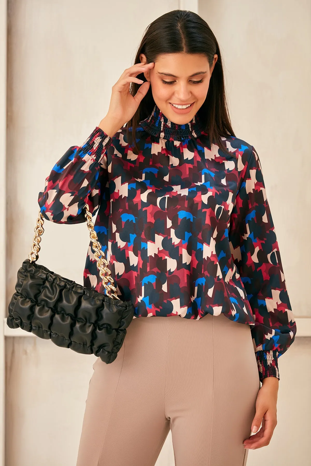 Sleek High Neck Silky Top in Bluish Geo Print