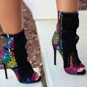 Sohiwoo Fashion Fringe Peep Toe Stilettos High Heels Ankle Boots