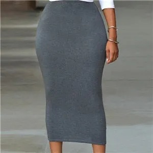 Solid Mid-Calf Pencil Stretch Skirt