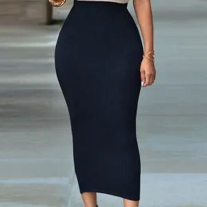 Solid Mid-Calf Pencil Stretch Skirt