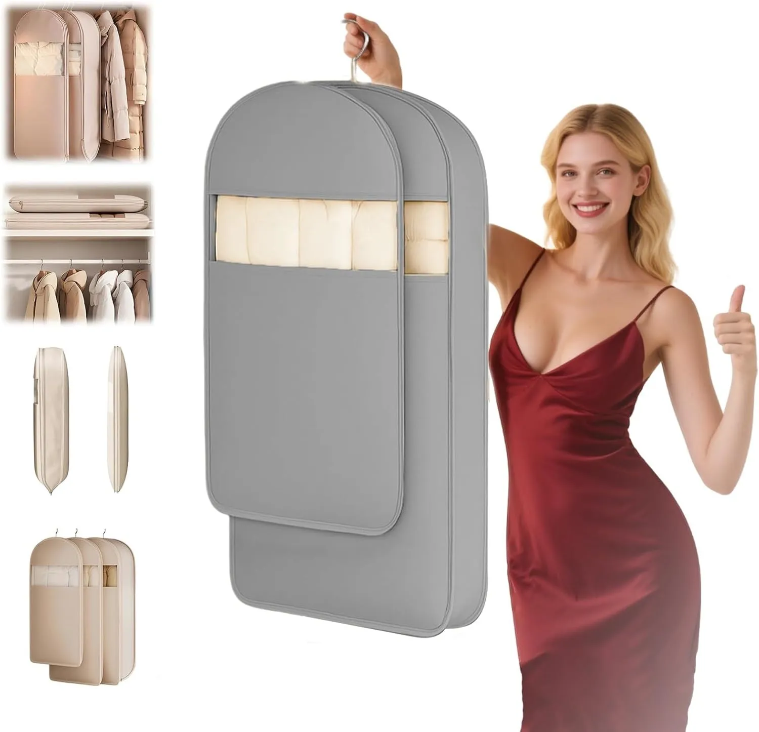 Space Saving Hanging Garment Bag with Self Compression Zipper, Dust Cover Clothes Bags for Down Coat, Suit Bags for Closet Storage, Travel Clothes Organizer for Suits, Dresses, Coats(Gray,Medium)