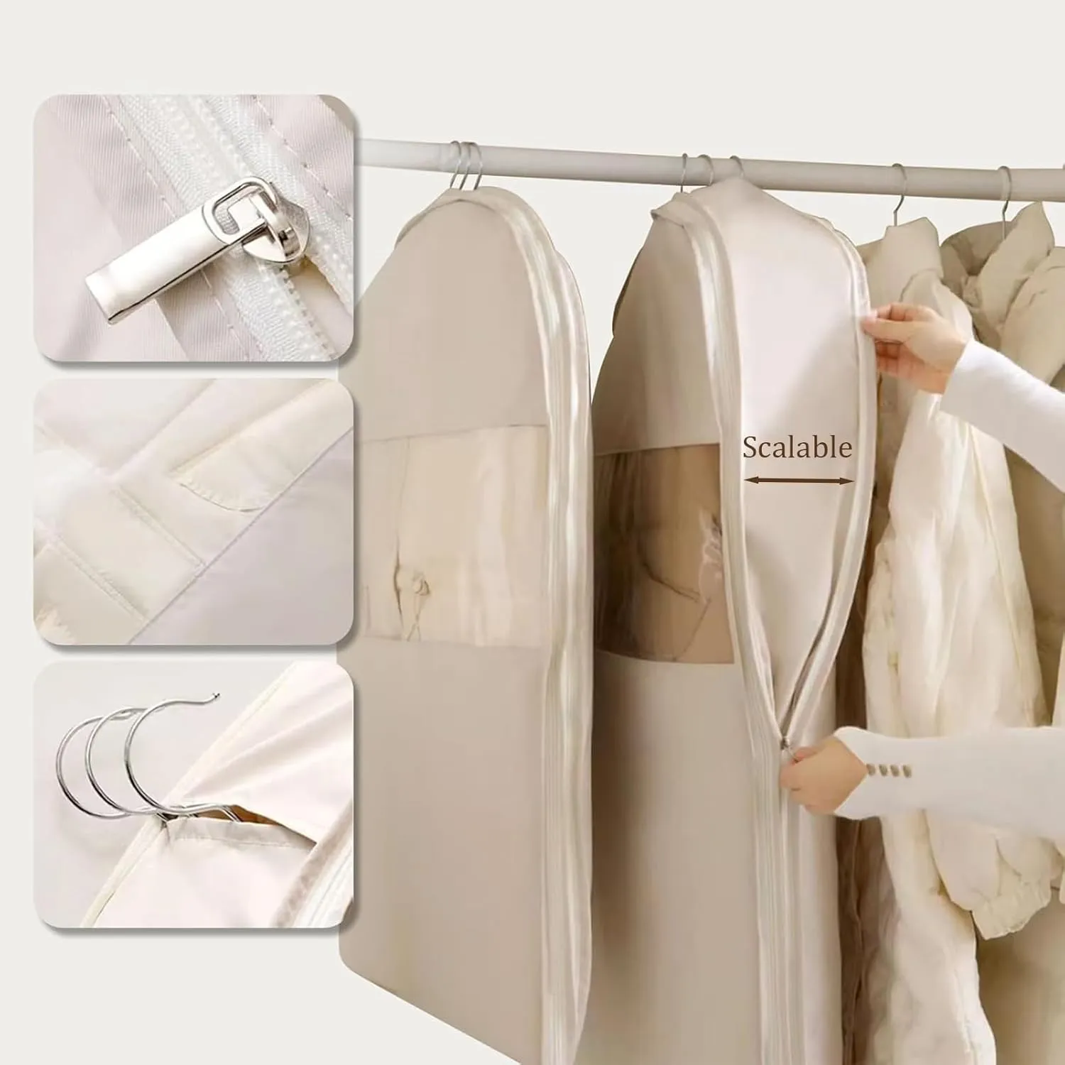 Space Saving Hanging Garment Bag with Self Compression Zipper, Dust Cover Clothes Bags for Down Coat, Suit Bags for Closet Storage, Travel Clothes Organizer for Suits, Dresses, Coats(Gray,Medium)
