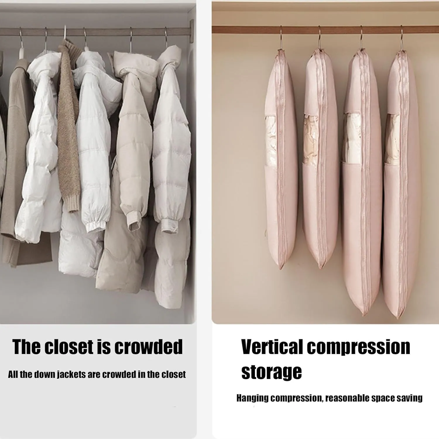 Space Saving Hanging Garment Bag with Self Compression Zipper, Dust Cover Clothes Bags for Down Coat, Winter Coat Storage, Space Saver Hanging Garment Bags for Closet Storage (Beige,M)
