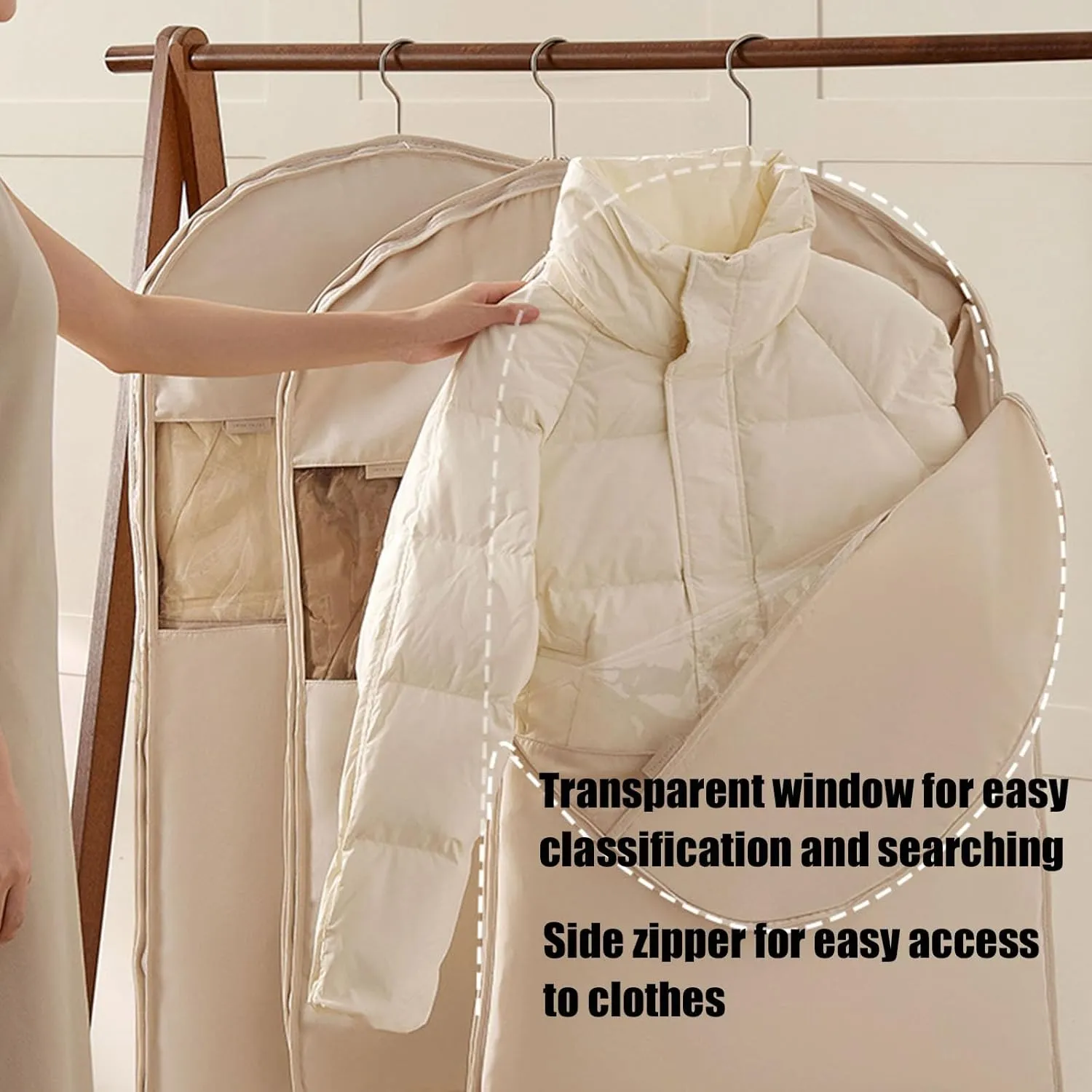 Space Saving Hanging Garment Bag with Self Compression Zipper, Dust Cover Clothes Bags for Down Coat, Winter Coat Storage, Space Saver Hanging Garment Bags for Closet Storage (Beige,M)