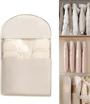 Space Saving Hanging Garment Bag with Self Compression Zipper, Dust Cover Clothes Bags for Down Coat, Winter Coat Storage, Space Saver Hanging Garment Bags for Closet Storage (Beige,M)