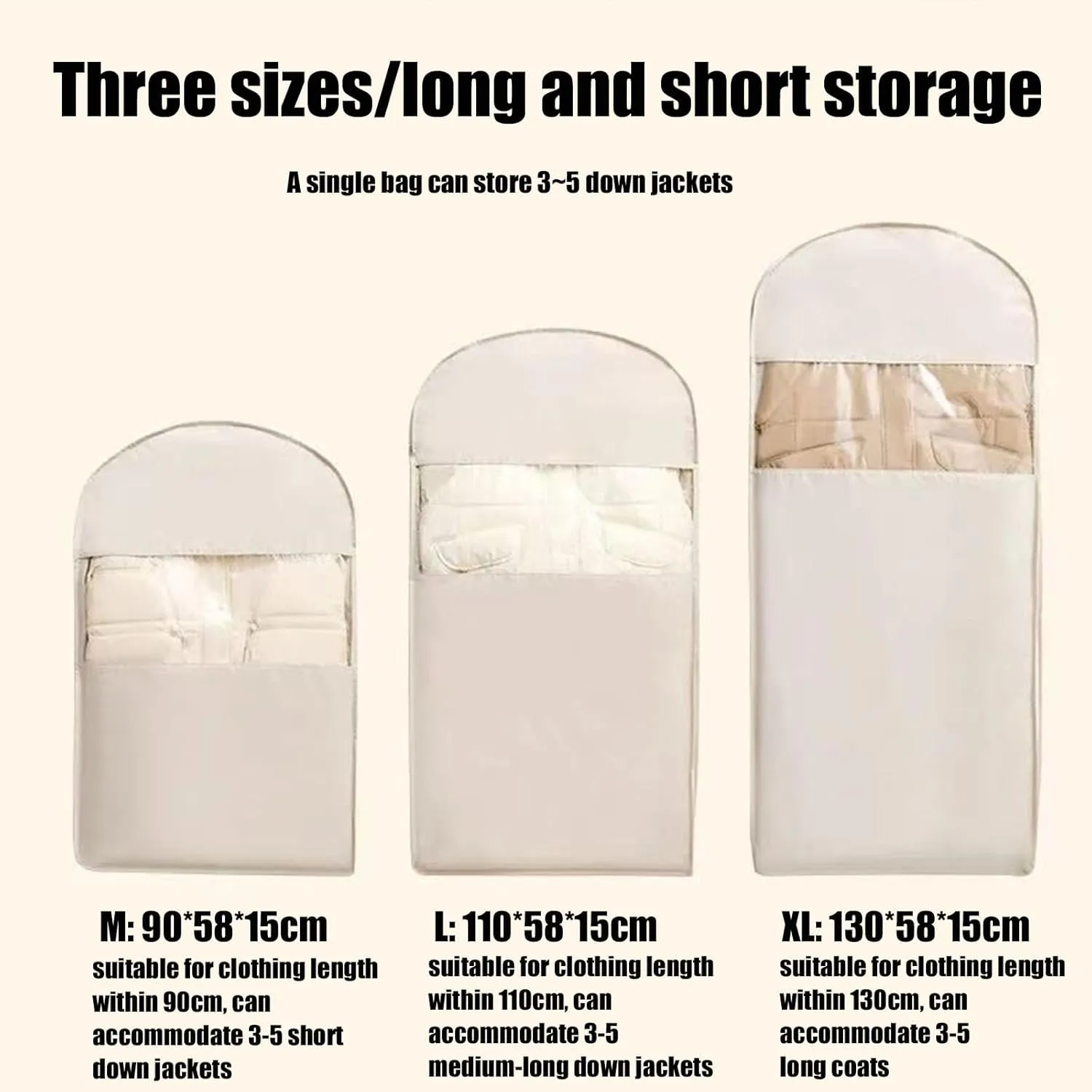 Space Saving Hanging Garment Bag with Self Compression Zipper, Dust Cover Clothes Bags for Down Coat, Winter Coat Storage, Space Saver Hanging Garment Bags for Closet Storage (Beige,M)
