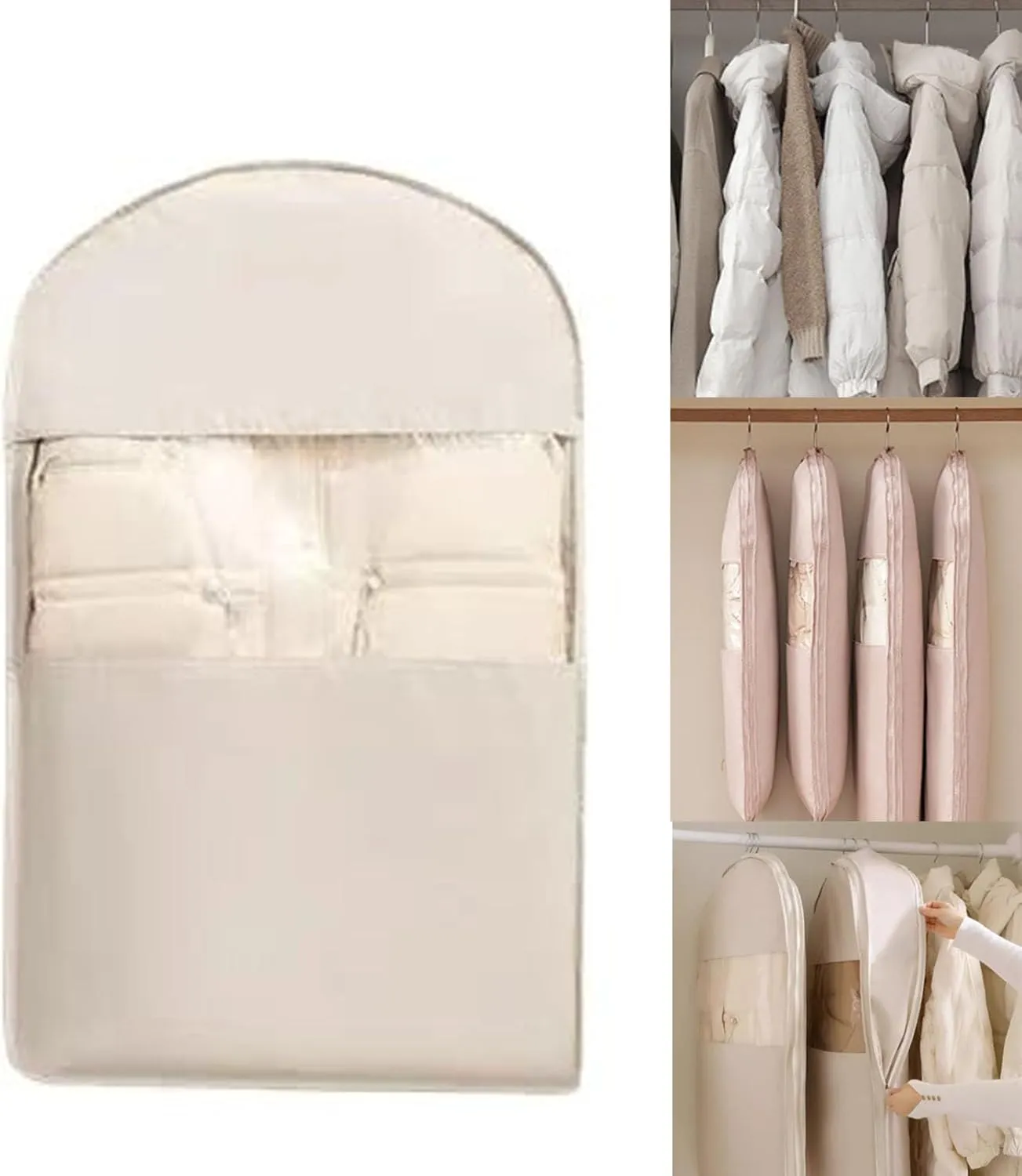 Space Saving Hanging Garment Bag with Self Compression Zipper, Dust Cover Clothes Bags for Down Coat, Winter Coat Storage, Space Saver Hanging Garment Bags for Closet Storage (Beige,M)