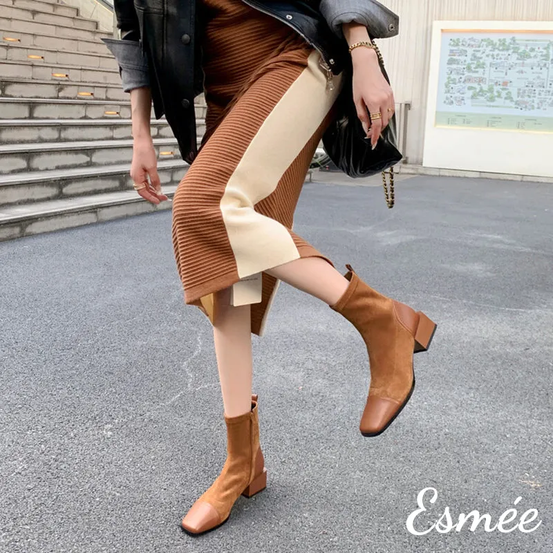 Suede Ankle Boots with Leather Squared Toe Cap