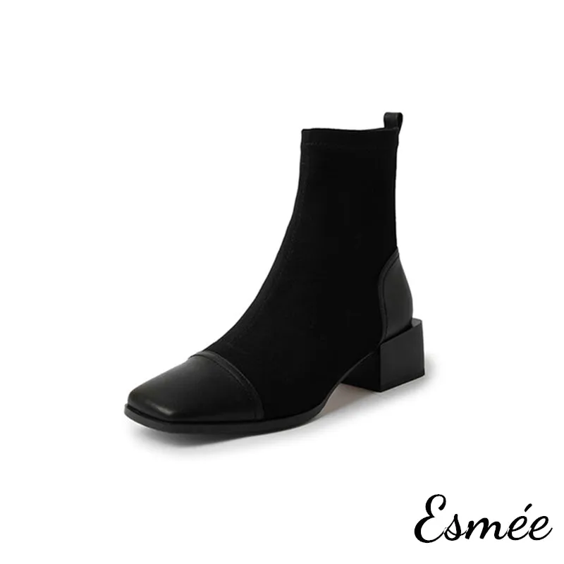 Suede Ankle Boots with Leather Squared Toe Cap