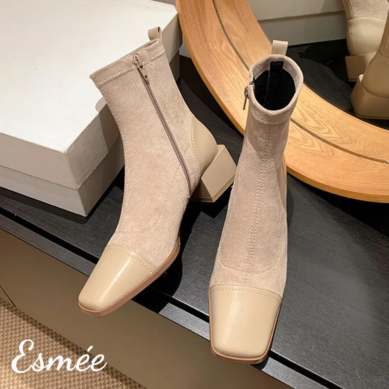 Suede Ankle Boots with Leather Squared Toe Cap