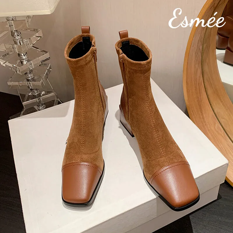 Suede Ankle Boots with Leather Squared Toe Cap