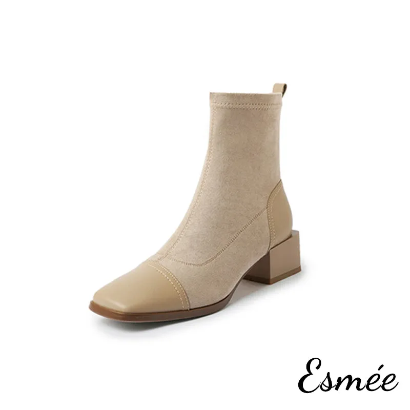 Suede Ankle Boots with Leather Squared Toe Cap