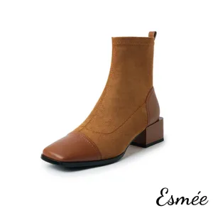 Suede Ankle Boots with Leather Squared Toe Cap
