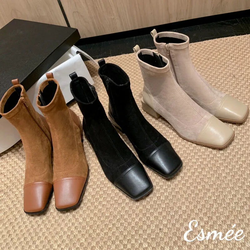 Suede Ankle Boots with Leather Squared Toe Cap
