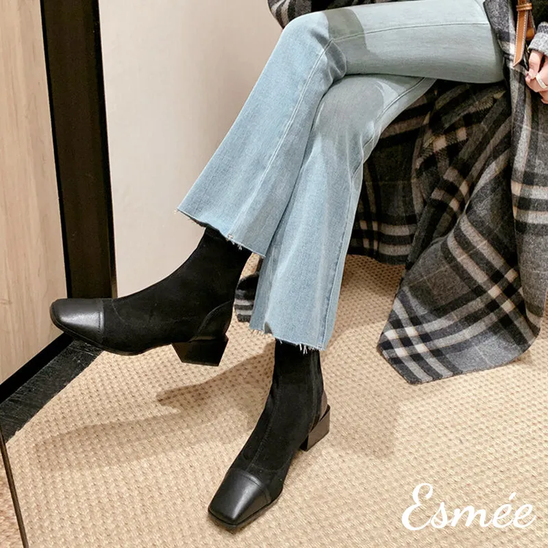 Suede Ankle Boots with Leather Squared Toe Cap