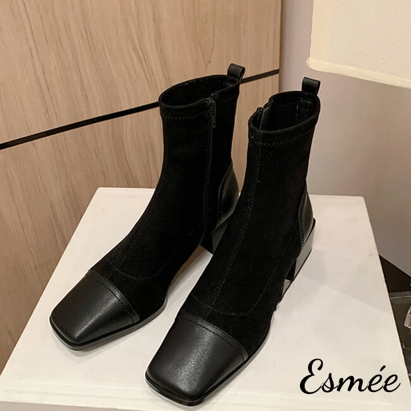 Suede Ankle Boots with Leather Squared Toe Cap