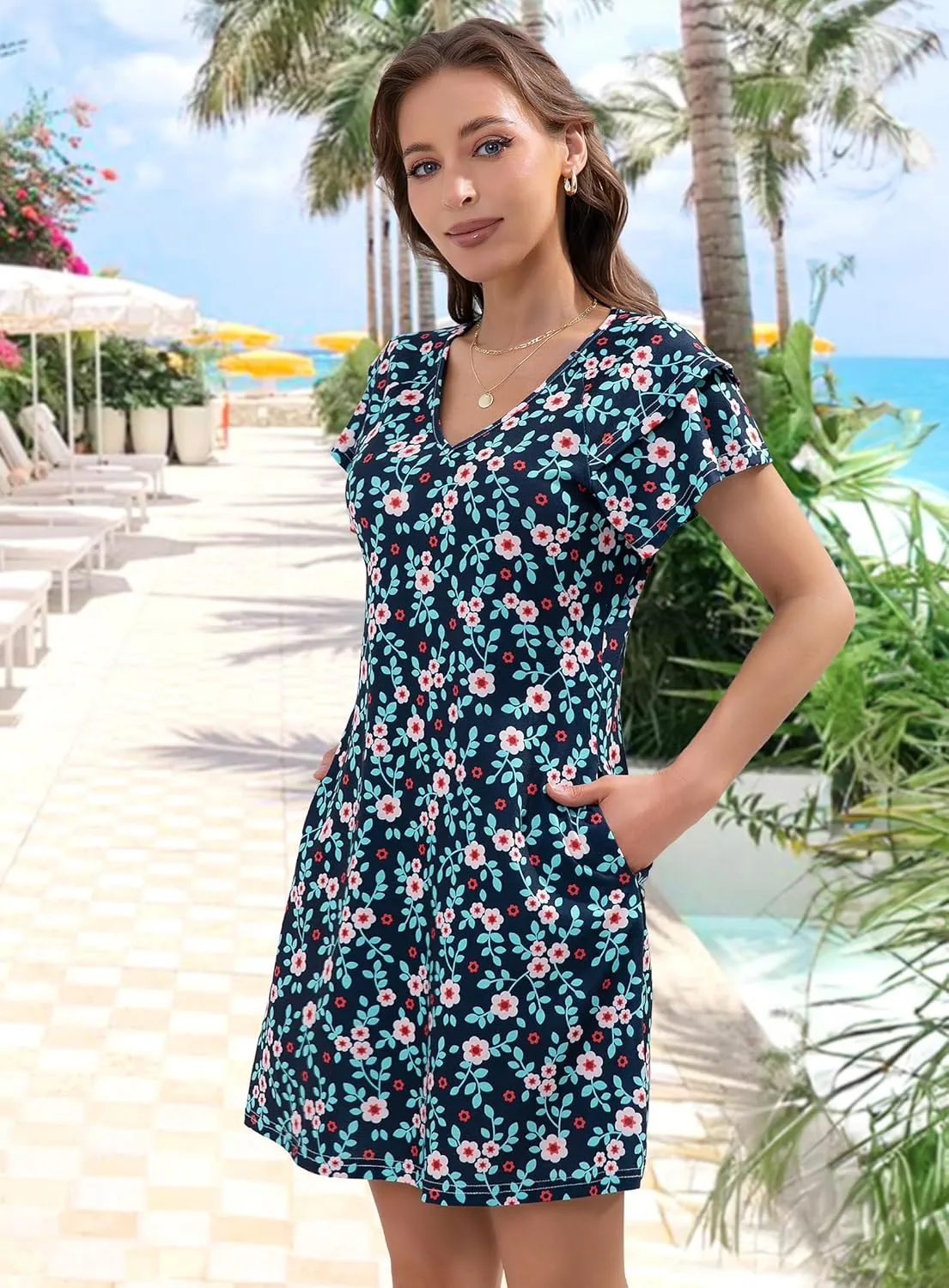 Summer Dresses for Women 2025 Beach Casual Sundress Floral V Neck A-line Dress Short Ruffle Sleeve Boho Dresses with Pockets