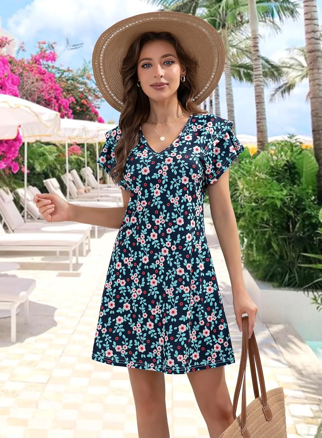 Summer Dresses for Women 2025 Beach Casual Sundress Floral V Neck A-line Dress Short Ruffle Sleeve Boho Dresses with Pockets