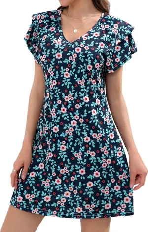 Summer Dresses for Women 2025 Beach Casual Sundress Floral V Neck A-line Dress Short Ruffle Sleeve Boho Dresses with Pockets