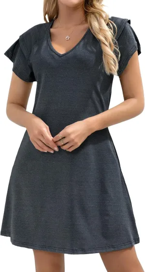 Summer Dresses for Women 2025 Beach Casual Sundress Floral V Neck A-line Dress Short Ruffle Sleeve Boho Dresses with Pockets