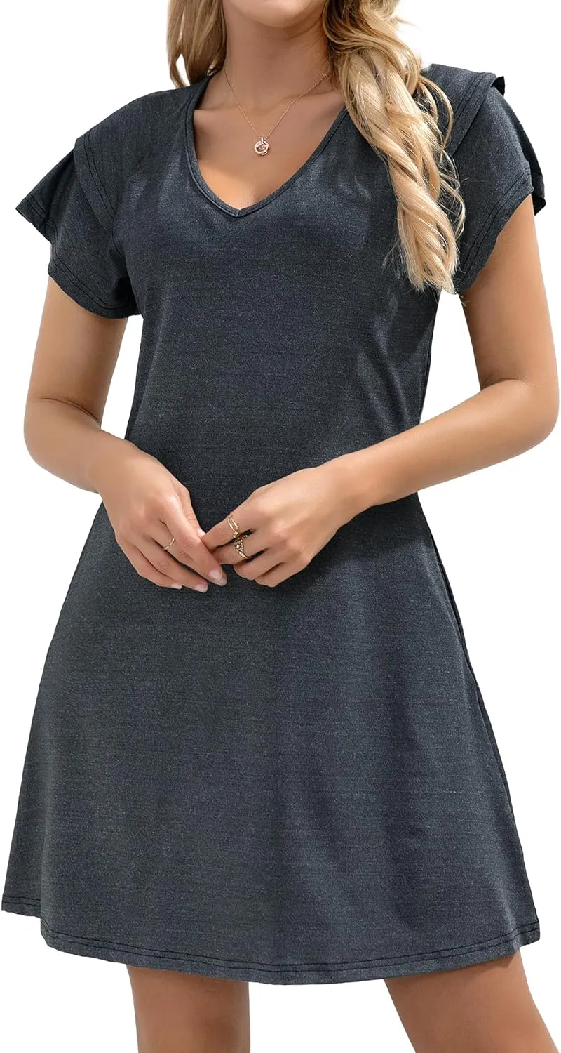 Summer Dresses for Women 2025 Beach Casual Sundress Floral V Neck A-line Dress Short Ruffle Sleeve Boho Dresses with Pockets