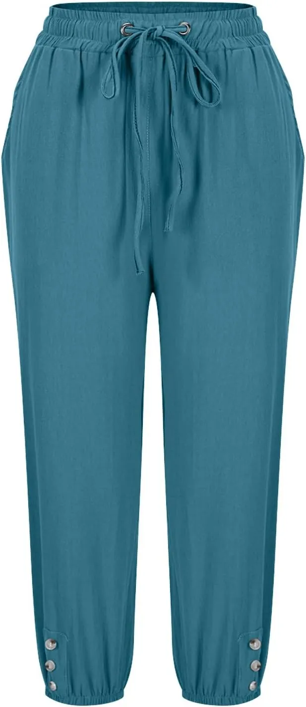 Summer Pants for Women 2025 Casual Loose Elastic Waist Trousers with Pockets Loose Fit Beach Vacation Capris Pants Wine 2X