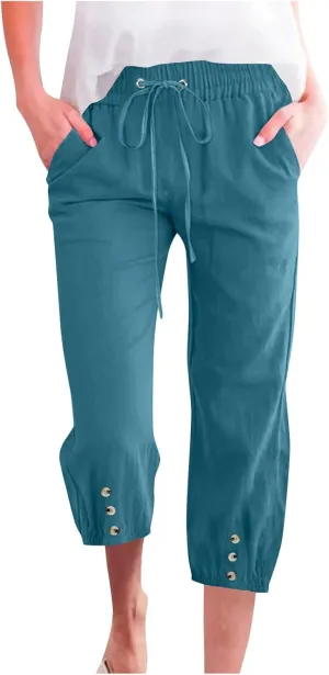 Summer Pants for Women 2025 Casual Loose Elastic Waist Trousers with Pockets Loose Fit Beach Vacation Capris Pants Wine 2X