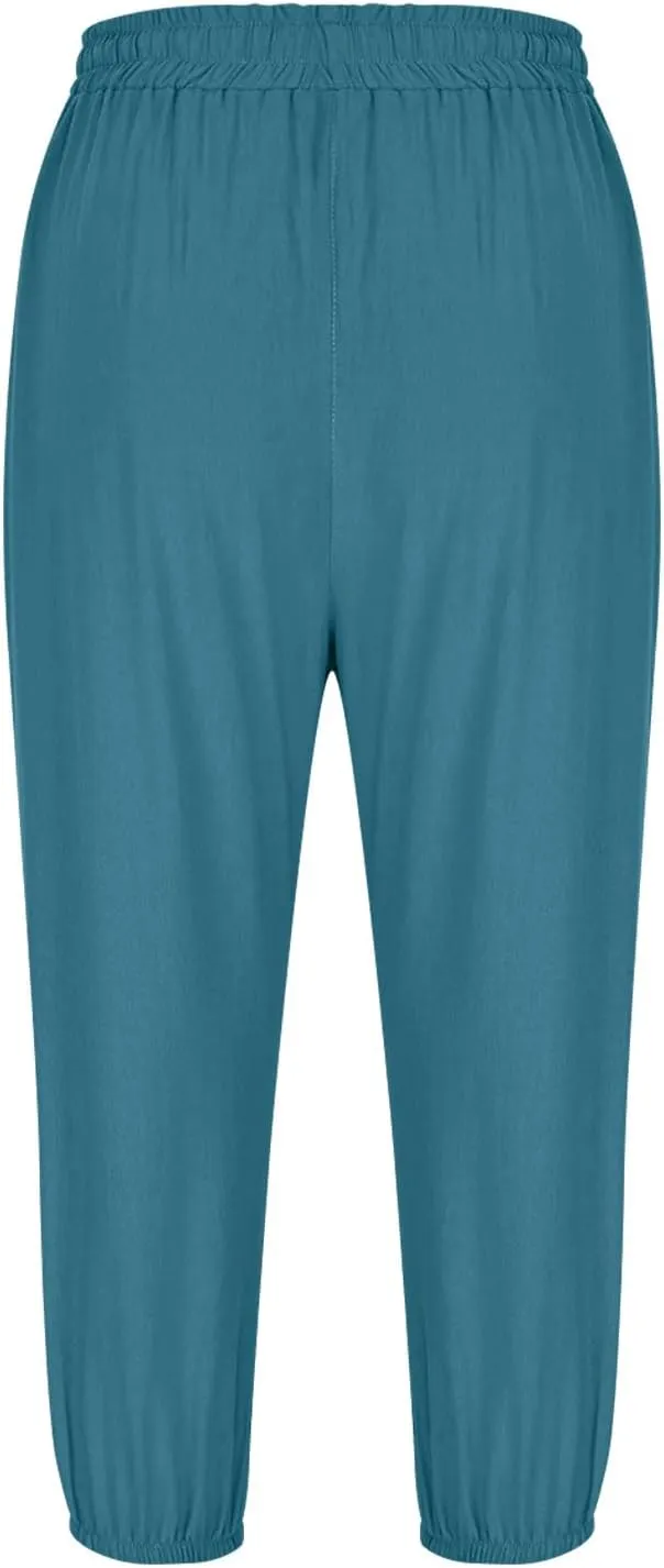Summer Pants for Women 2025 Casual Loose Elastic Waist Trousers with Pockets Loose Fit Beach Vacation Capris Pants Wine 2X
