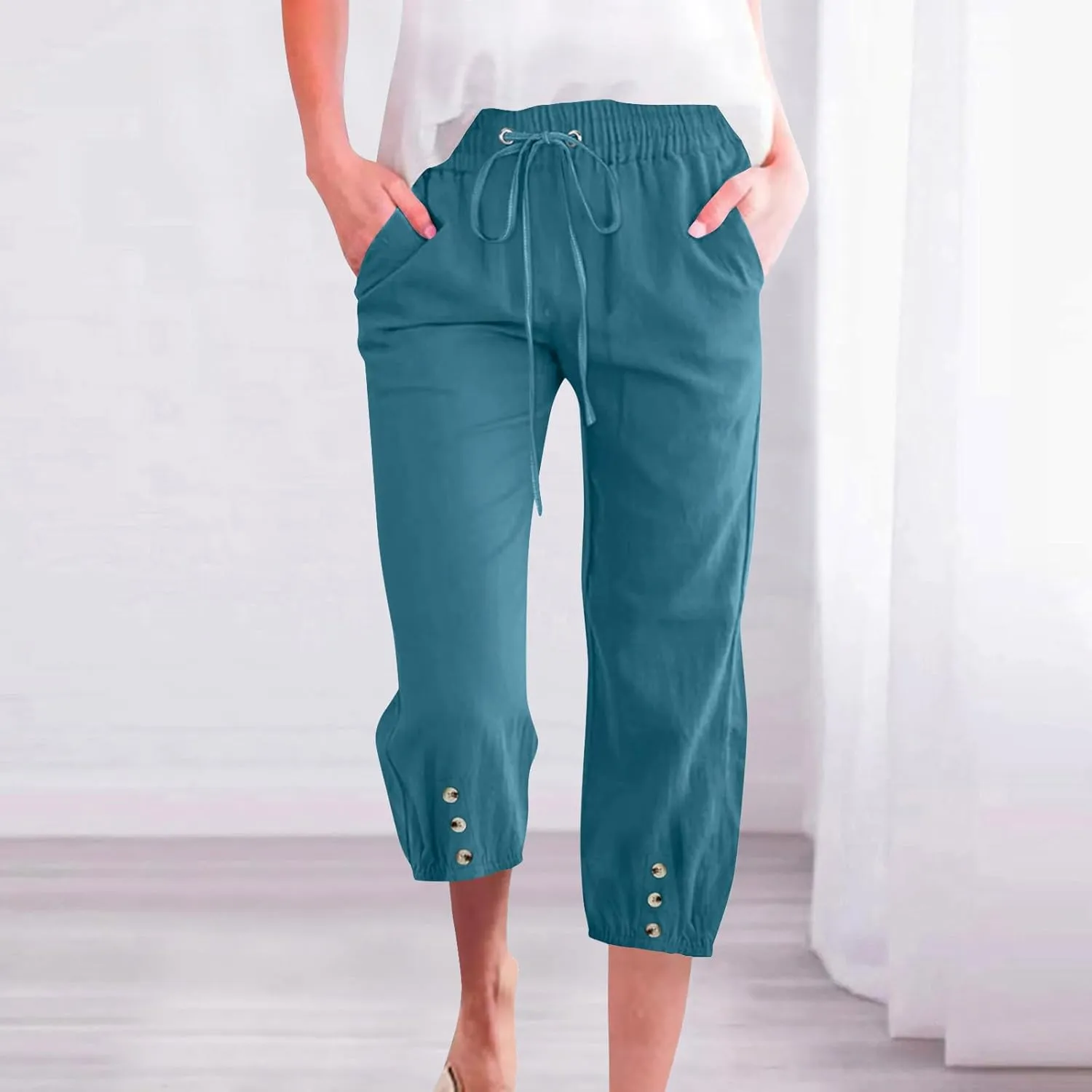 Summer Pants for Women 2025 Casual Loose Elastic Waist Trousers with Pockets Loose Fit Beach Vacation Capris Pants Wine 2X
