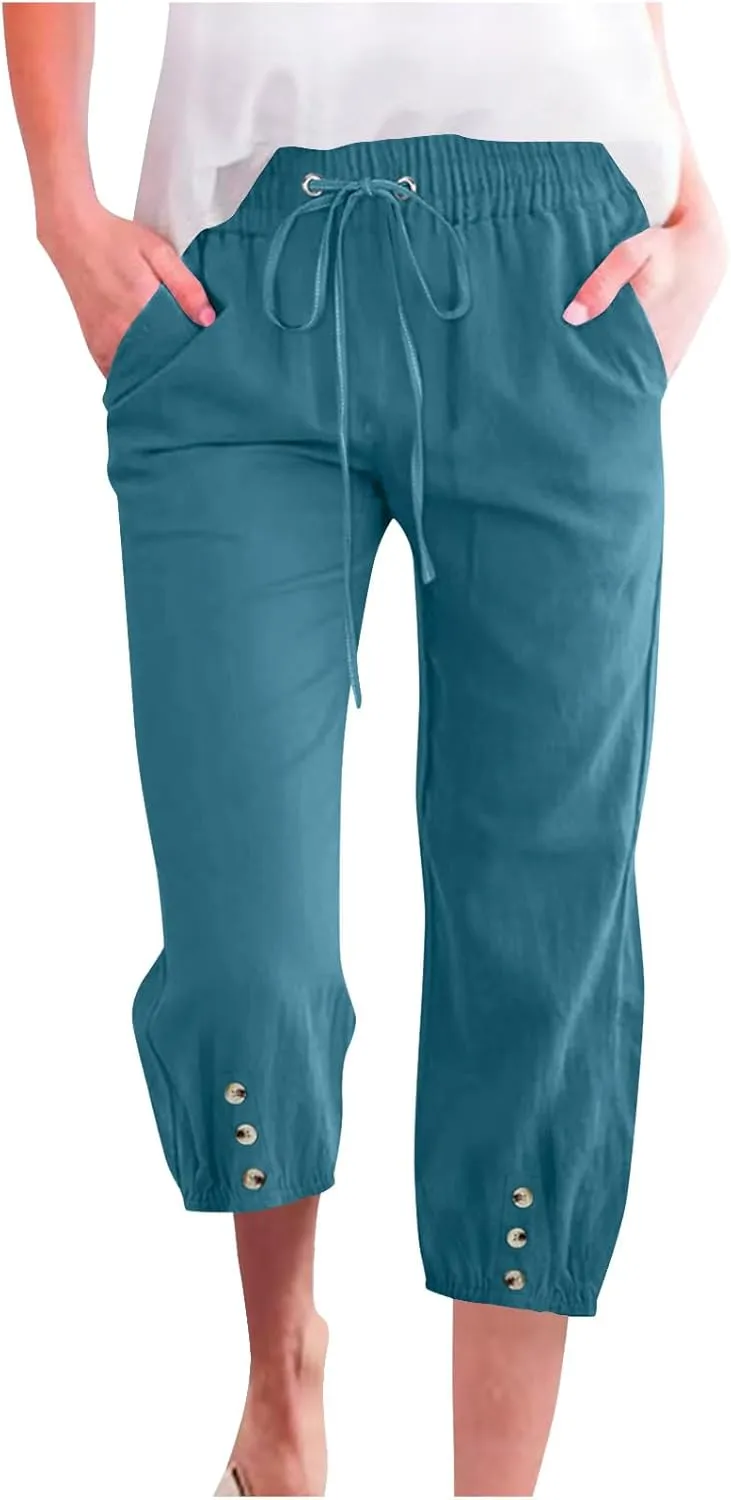 Summer Pants for Women 2025 Casual Loose Elastic Waist Trousers with Pockets Loose Fit Beach Vacation Capris Pants Wine 2X