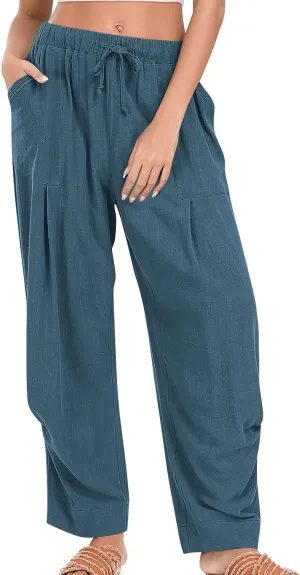 Summer Pants for Womens Cotton Linen Drawstring Straight Leg Trousers Loose Fit Breathable Outing Pants with Pockets