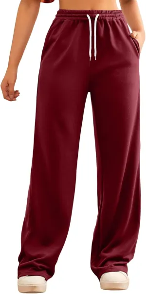 Sweatpants Women Casual Baggy Straight Pants Wide Leg Loose Elastic Waist Drawstring Dressy Trousers