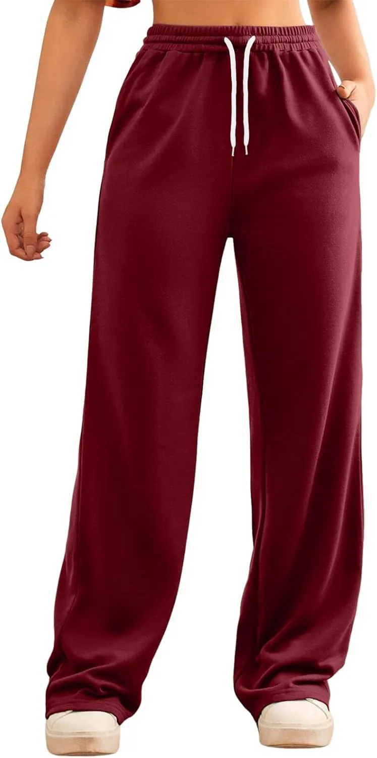 Sweatpants Women Casual Baggy Straight Pants Wide Leg Loose Elastic Waist Drawstring Dressy Trousers