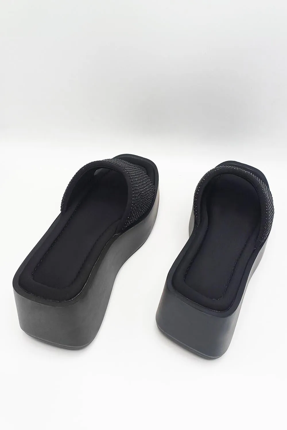 Tahiti Diamante Embellished Strap Wedge Mules in Black