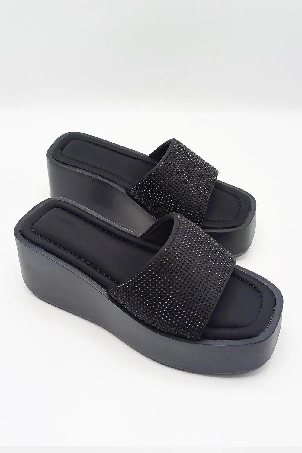 Tahiti Diamante Embellished Strap Wedge Mules in Black