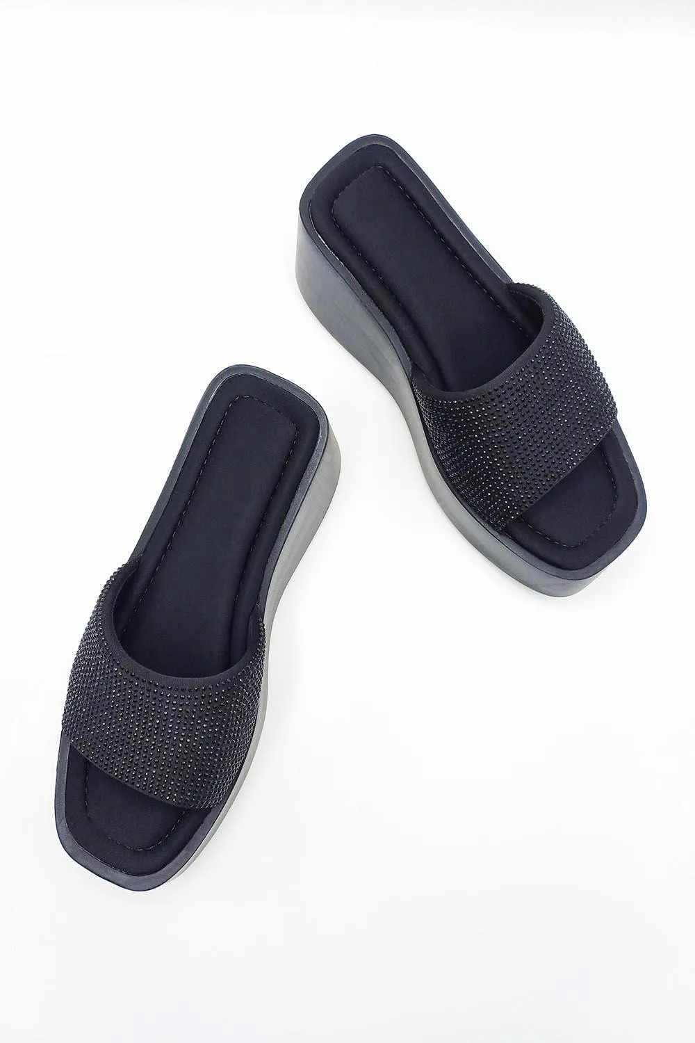 Tahiti Diamante Embellished Strap Wedge Mules in Black