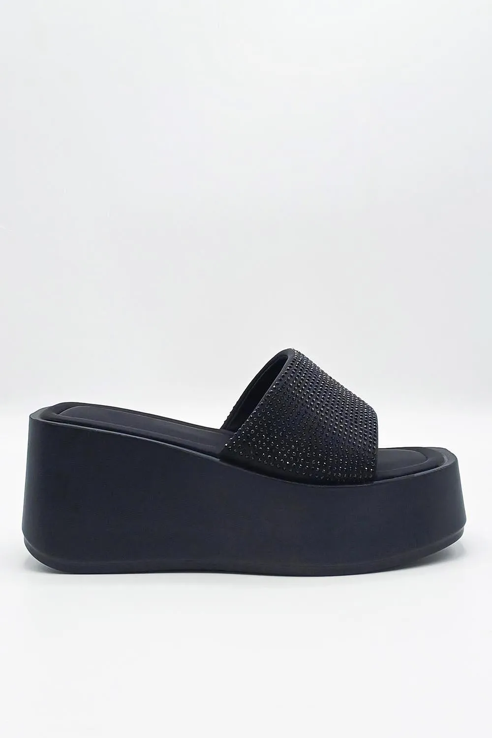 Tahiti Diamante Embellished Strap Wedge Mules in Black