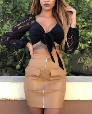 Tan Leather Look Utility  Mini Skirt
