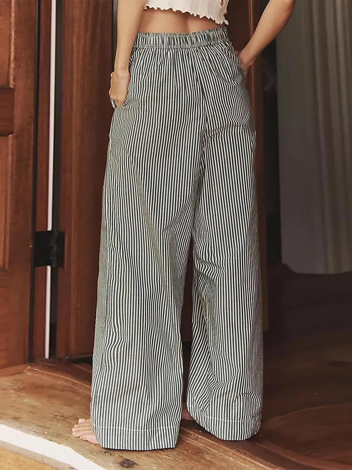 Tankaneo Womens Boxer Pants Striped Lounge Pajama Bottoms Elastic High Waisted Wide Leg Trousers with Pockets