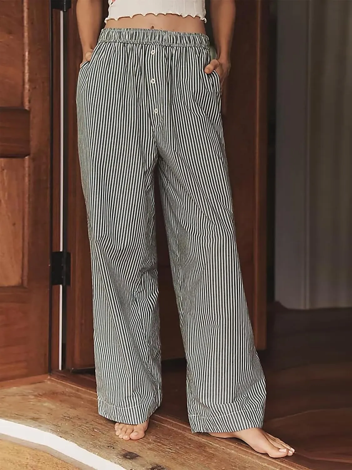 Tankaneo Womens Boxer Pants Striped Lounge Pajama Bottoms Elastic High Waisted Wide Leg Trousers with Pockets