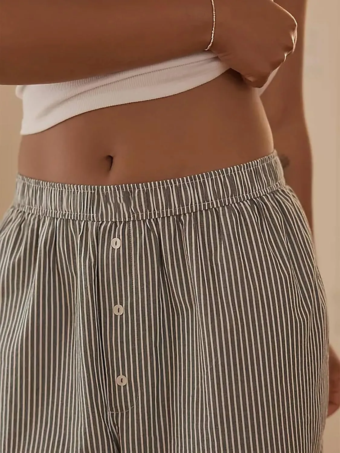 Tankaneo Womens Boxer Pants Striped Lounge Pajama Bottoms Elastic High Waisted Wide Leg Trousers with Pockets