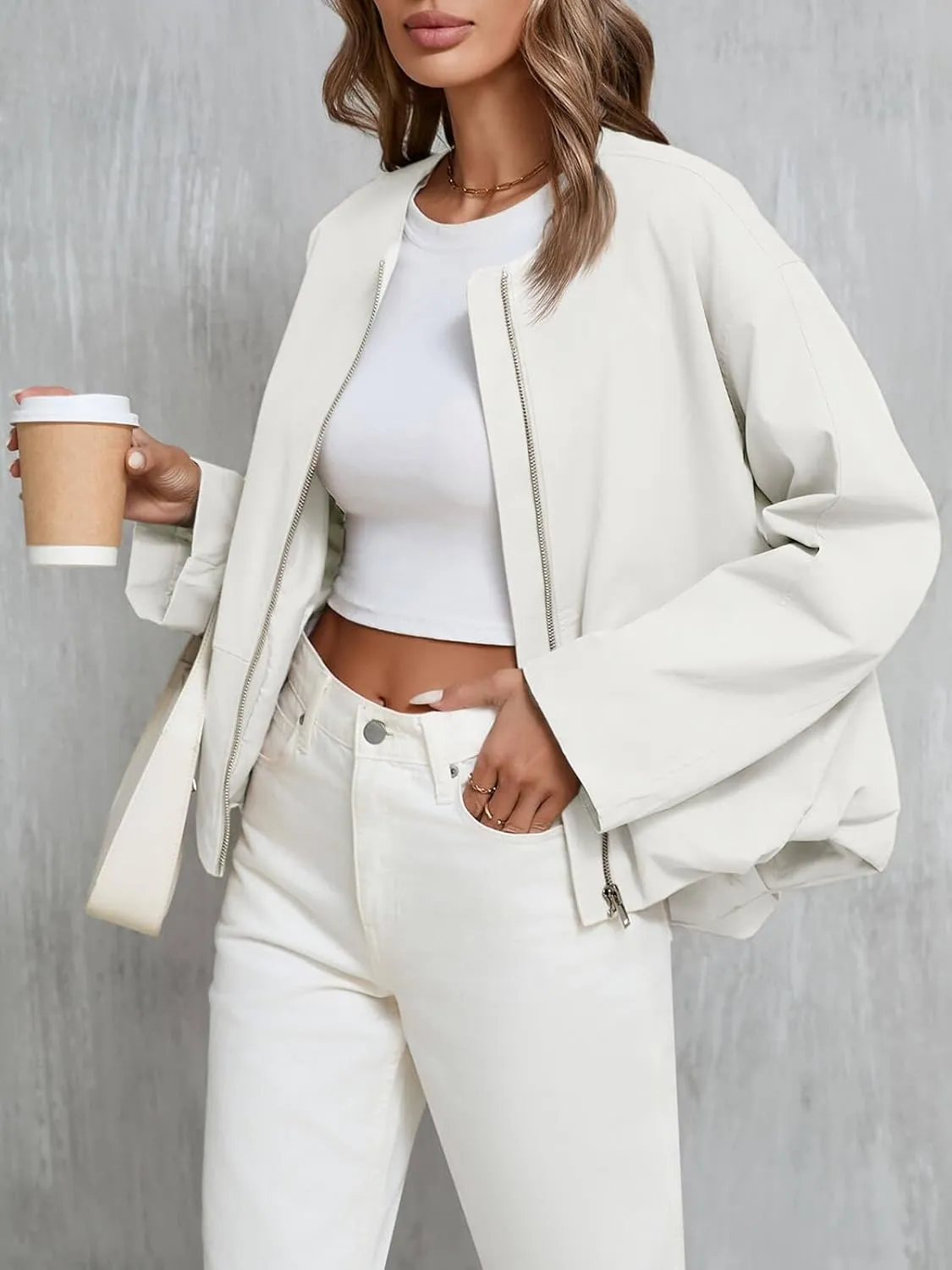 Tankaneo Womens Cropped Bomber Jackets Casual Zip Up Cargo Oversized Ruched Hem Coats with Pockets