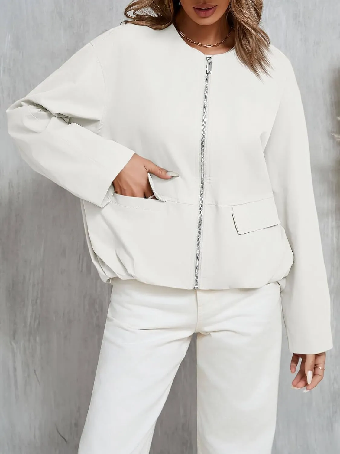 Tankaneo Womens Cropped Bomber Jackets Casual Zip Up Cargo Oversized Ruched Hem Coats with Pockets