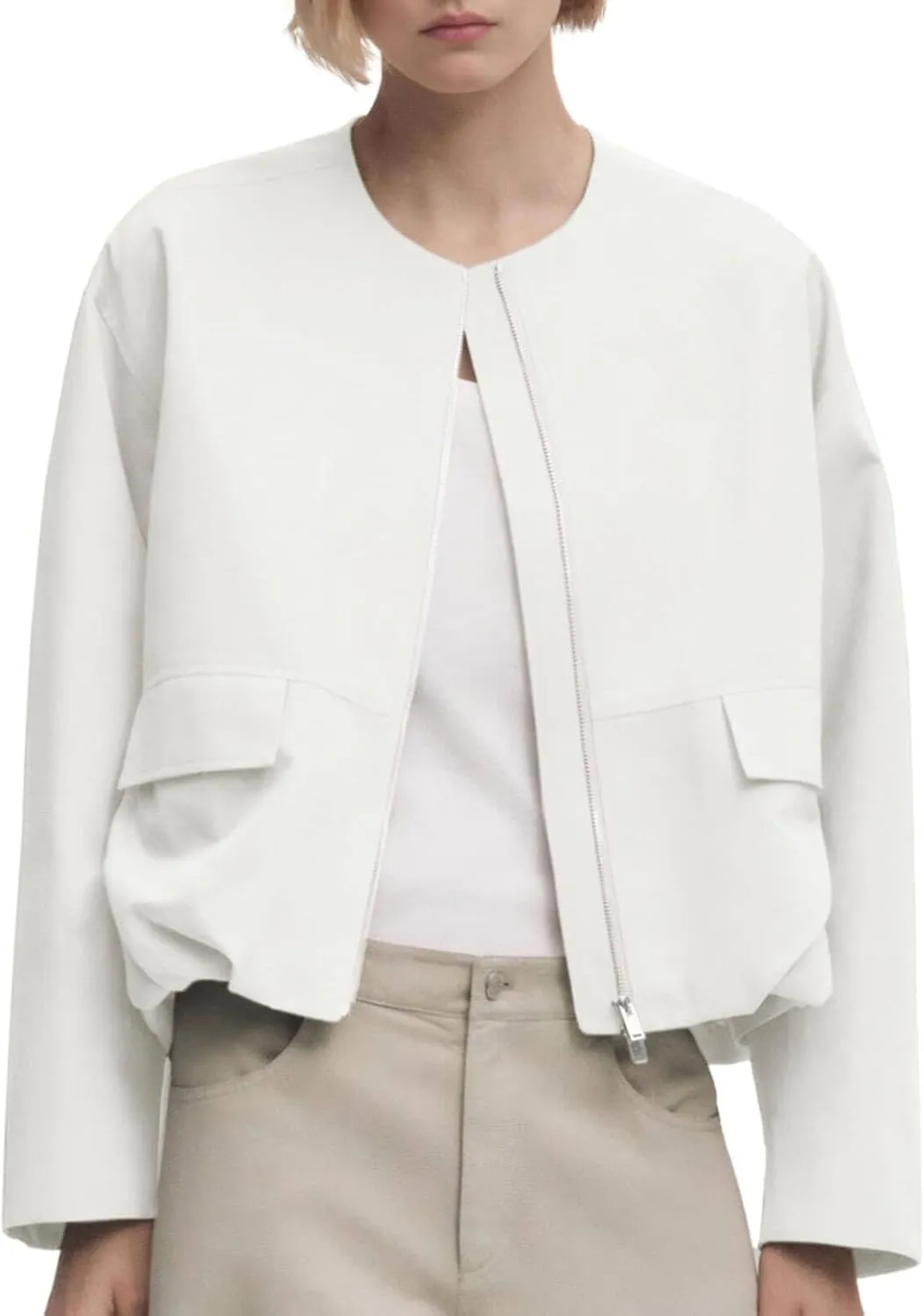 Tankaneo Womens Cropped Bomber Jackets Casual Zip Up Cargo Oversized Ruched Hem Coats with Pockets