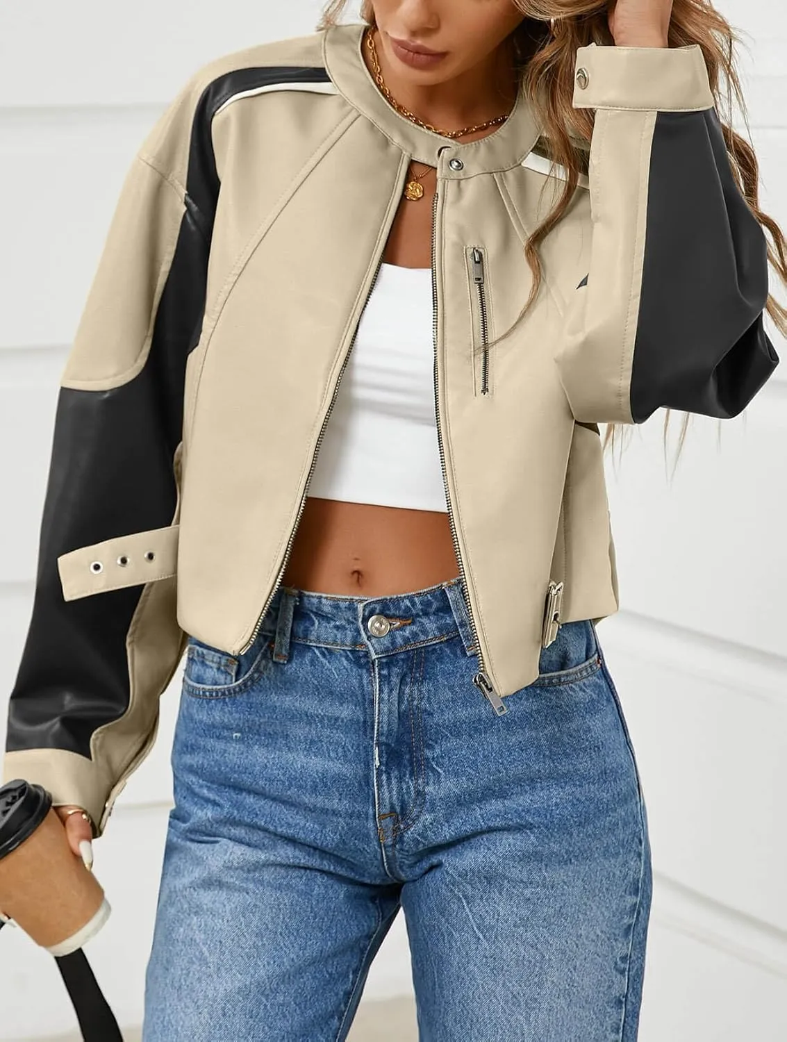 Tankaneo Womens Faux Leather Bomber Jackets Cropped Zip Up Color Block Fall Casual Moto Biker Coats